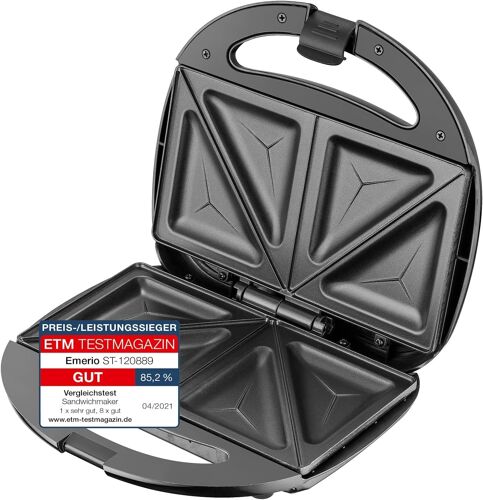 Emerio Machine à sandwich double, sans BPA, forme classique pour sandwich triangulaire, facile à nettoyer, antiadhésive, chauffe rapidement, 750 watts