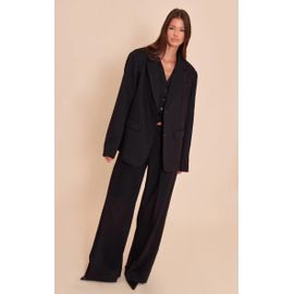 Pantalon De Tailleur Large Tissé Noir À Plissures, Noir