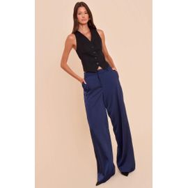 Pantalon De Tailleur Large Satiné Bleu Marine, Bleu Marine