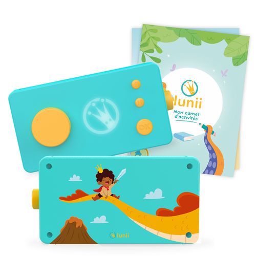 Lunii - Mon coffret thématique "Aventures fantastiques" - Plus de 100 histoires à composer - Conteuse Interactive pour Enfants, Boîte à Histoires fabriquée en France, inclus 4 livres audio au choix et un carnet d'activités