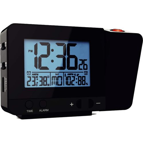 Réveil à Projection avec Deux réveils - Réveil à Projection au Plafond / Mural avec 2 alarmes, température, hygromètre et Port USB pour appareils de Charge (Noir)