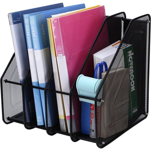 Porte-revues en maille, 4 compartiments en maille métallique, Organisateur Bureau pour la maison, la trieuse de livres, étagère de rangement, pour magazines, documents et livres Blanc