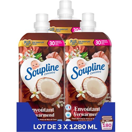 SEPT-SOUPLINE Adoucissant Linge Concentré Senteur Fleurs Blanches & Notes de Noix de Coco, Assouplissant Linge Formule Améliorée pour Plus de Parfum*,Assouplissant Textile Liquide, Lot de 3x1,28L