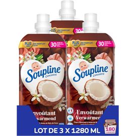 SEPT-SOUPLINE Adoucissant Linge Concentré Senteur Fleurs Blanches & Notes de Noix de Coco, Assouplissant Linge Formule Améliorée pour Plus de Parfum*,Assouplissant Textile Liquide, Lot de 3x1,28L
