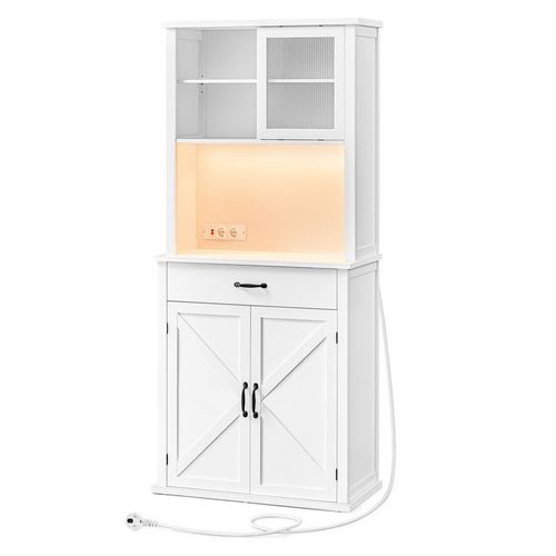 Meuble De Rangement Avec Lumières Et Chargeur, Avec Portes Et Tiroirs, Buffet, Meuble À Café, Étagères Réglables, Style Campagne, Blanc Nuage