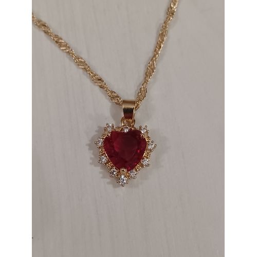 Collier Métal Doré,Pendentif C?ur Strass Rouge,Taille 46 Cm