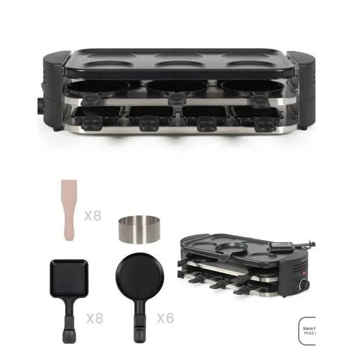 Appareil à raclette 1600W pizzas et crêpes 8 personnes 8 spatules en bois, 8 caquelons pour raclette, 6 caquelons pour mini pizza