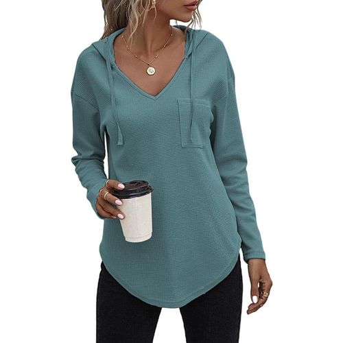 Slep-Sweat A Capuche Femme Col V Sweat Hoodie Manche Longue Automne Hiver Top Blouse Chic Et Élégant