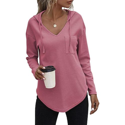 Slep-Sweat A Capuche Femme Col V Sweat Hoodie Manche Longue Automne Hiver Top Blouse Chic Et Élégant