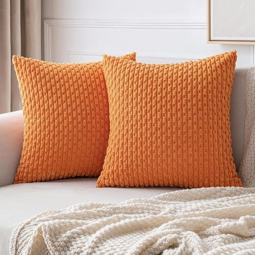 Cauc-Housse De Coussin Décorative En Velours Côtelé Coussins Canape Carré Super Doux Taie Oreiller Moderne Maison Pour Salon Chambre Fauteuil De Bureau 45x45 Cm Lot De 2 Orange