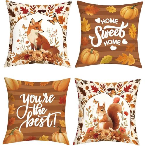 Cauc-Housse Coussin 45x45 Lot De 4 Automne Animaux Taie D'oreiller Citrouille Cerf Écureuil Feuille D'érable Housse D'oreiller Pour Coussins Canapé Housses Home Décor
