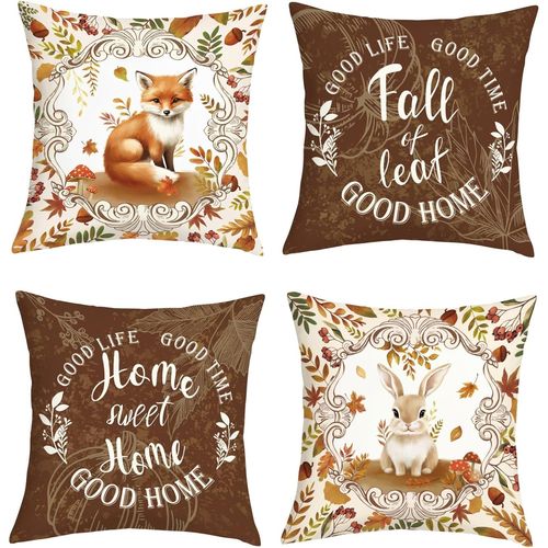 Cauc-Housse Coussin 45x45 Lot De 4 Automne Animaux Taie D'oreiller Renard Lapin Feuille D'érable Housse D'oreiller Pour Coussins Canapé Housses Home Décor
