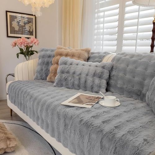 CAUC-Housses de coussin de canapé en peluche épaisse et douce - Housse de canapé antidérapante 1 2 3 places, housse de coussin de canapé en fausse fourrure en forme de L pour le salon (Gris clair, 90