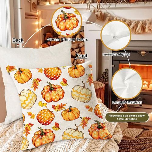 Cauc-Lot De 4 Housses De Coussin D'automne 50 X 50 Cm - Décoration D'automne - Motif Citrouilles - Housses De Coussin Décoratives Pour Chambre À Coucher, Salon, Canapé