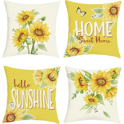 Cauc-Housse Coussin 45x45 Lot De 4 Tournesol Floral Printemps Été Taie D'oreiller Fleurs Jaunes Bonjour Soleil Housse D'oreiller Pour Coussins Canapé Housses Home Décor