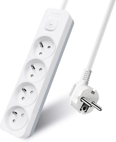 CHENG-Extrastar Multiprise 4 Prises avec Interrupteur, 2P+T, Bloc 4 Prises,3G1,5 mm² 3m Rallonge, Sécurité Enfant, Gris et Blanc, 16A 250 V