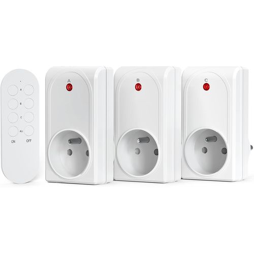Prise Programmable Telecommande sans Fil, 3 Prises Électriques et 1 Télécommande, Portée 80M, Fonction All on All Off, 230V, 1 Piles CR2032 Gratuite