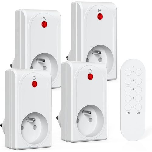 Prise Programmable Telecommande sans Fil, 3 Prises Électriques et 1 Télécommande, Portée 80M, Fonction All on All Off, 230V, 1 Piles CR2032 Gratuite