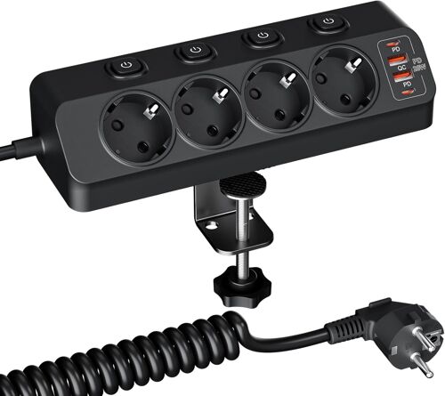 Multiprise Bureau Sécurisée - Multiprise 4 Prises avec Interrupteur, Multi Prise Parafoudre avec USB C PD 20W & Câble 2M pour la Maison et Le Bureau