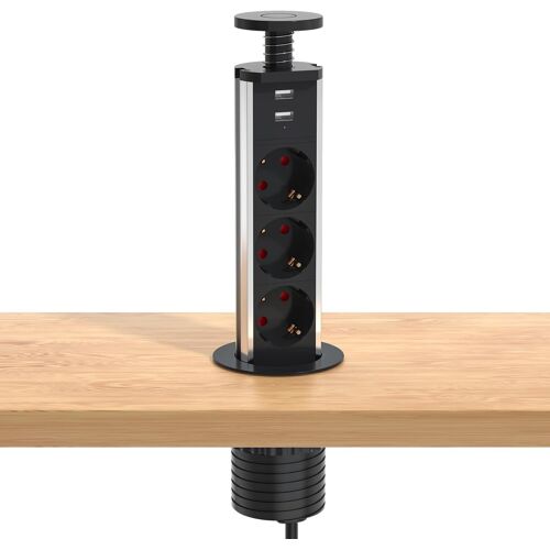 Leuted Multiprise de table escamotable 3 prises avec 2 ports USB, multiprise USB avec sécurité enfant et câble de 1.8 m, entièrement dans le plateau de table, atelier, Ø 60 mm Noir