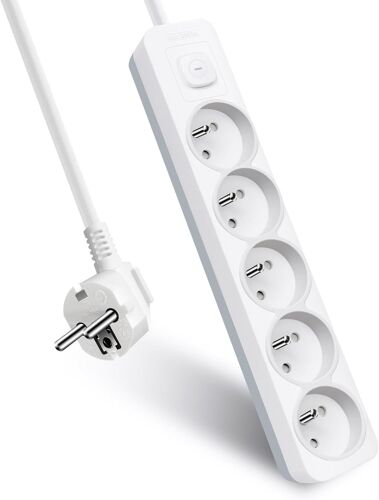 KALANKA-Extrastar Multiprise 5 Prises avec Interrupteur, 2P+T, Bloc 5 Prises, 3G1,0 mm² 1,5m Rallonge, Sécurité Enfant, Gris et Blanc, 16A 250 V