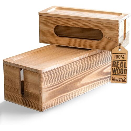 MEVRONISSHOP-Lot de 2 Boîte de Rangement Rustique en Bois pour Organiser Les câbles, Grand Support de Rangement pour Bureau, TV, Ordinateur, hub USB (Marron foncé)