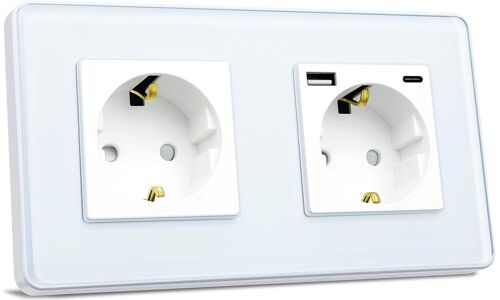 Prise Schuko, 2 Prises Standard De L'Ue Avec Interface De Charge Rapide Usb De 20 W (Max 4 A) Avec Plaque En Verre Incurvé 2,5D, Prises Murales Blanches 86 X 157 Mm[DYB983823]