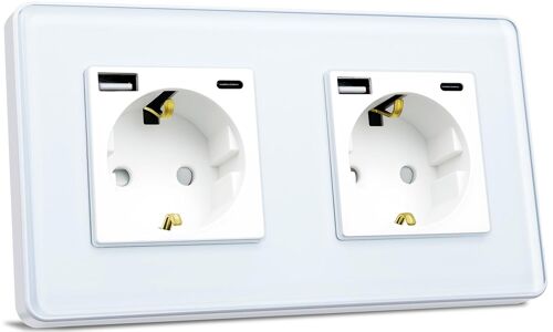 Prise Schuko Avec Interface De Charge Rapide Usb De 20 W (Max 4 A), Standard De L'Ue, 2 Compartiments Encastrés Avec Plaque En Verre Incurvé 2,5D, Prises Murales Blanches 86 X 157 [DYB983826]