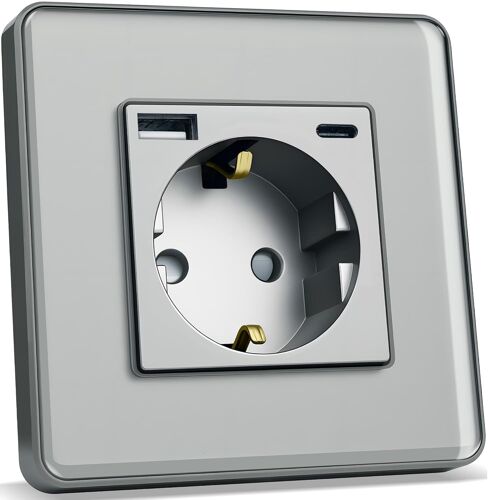 Prise Schuko Avec Interface De Charge Rapide Usb De 20 W (Max 4 A), Standard De L'Ue, 1 Compartiment Encastré Avec Plaque En Verre Incurvé 2,5D, Prise Murale Grise 86 X 86 Mm[DYB983827]