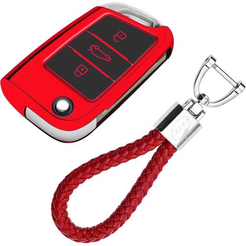 Kalanka-Coque Clé En Silicone Compatible Pour Volkswagen Vw Vw Golf Mk7 Seat Ibiza Leon Skoda Octavia Cover Housse Porte-Clé Tpu Protection Télécommande (Rouge)