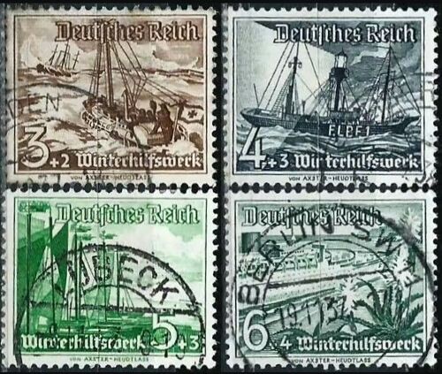 Allemagne, 3ème Reich 1937, Série Bateaux, Au Profit Du Secours D'hiver, Beaux Timbres Yvert 594 Canot De Sauvetage, 595 Bateau Phare, 596 Bateaux De Pêche Et 597 Paquebot "Wilhelm Gussloff" Obli. Tbe