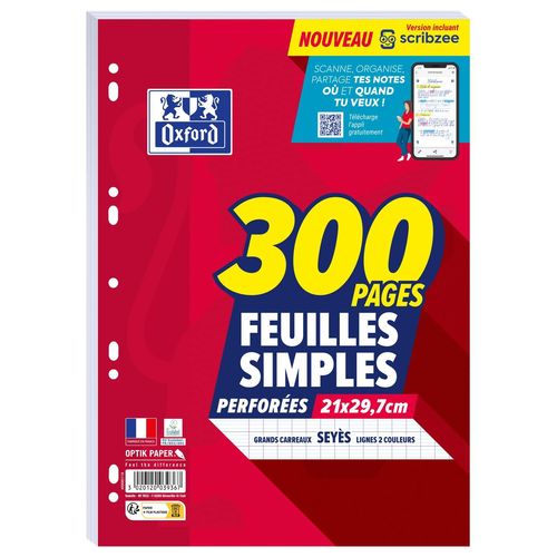 Oxford Feuillets Mobiles Perforées Scribzee A4 300p 90g Grands Carreaux + Tags