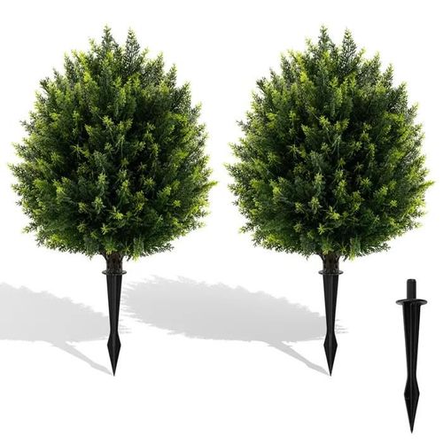 COSTWAY Ensemble de 2 Boules d'Arbres Topiaires Artificiels en Cyprès de 61 CM avec Pique au Sol