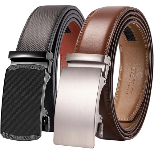 Men's Adjustable Ratchet Automatic Buckle Leather Belt 35mm Wide Black 115-145cm.[E649]