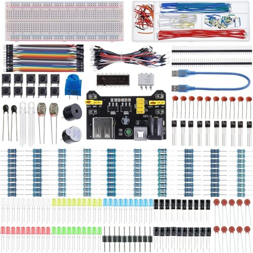 37 Values 480 Pieces Fun Electronic Components Kit with Power Module,Connection Wire,Precision Potentiometer,Compatible with STM32,Raspberry Pi,Arduino