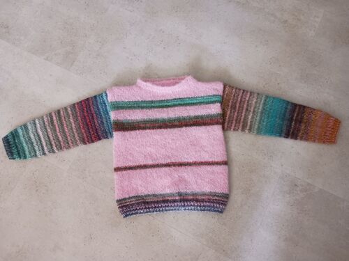 Pull Tricoté Main Rose Mohair Et Rayé 8/10 Ans Phildar