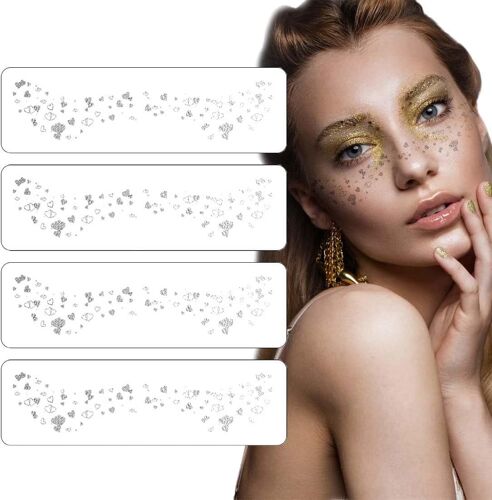 Set Of 4 Gold Glitter Tattoos, Face Glitter Makeup Patches, Cute Glitter Makeup Accessories For Women, For Party/Carnival/Festival/Christmas(Silver), A, A 
