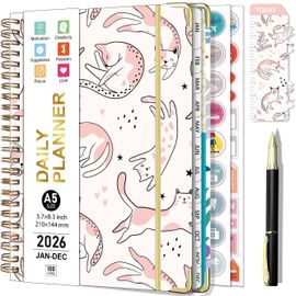 Agenda 2026 Semainier Spirale De Janvier À Décembre (12 Mois) A5 Agenda Scolaire Semainier Et Mensuel Avec Autocollants De Plan, Stylo,Onglets Mensuels, Pochette (Chat Rose)