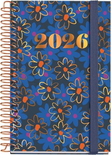 Agenda Journalier 2026, Petit Format Portable (80 X 120 Mm), Couverture Rigide En Carton, Spirale, Fermeture Élastique, Papier 80 G/M², Cat-En-Pt, Daisies