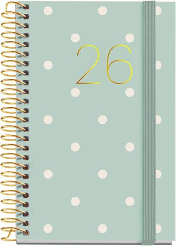 Agenda Journalier 2026 - Petit Format Portable (80 X 120 Mm) - Couverture Rigide En Carton, Spirale Et Fermeture Élastique, Papier 80 G/M², Es-En-Pt, Polka Dots
