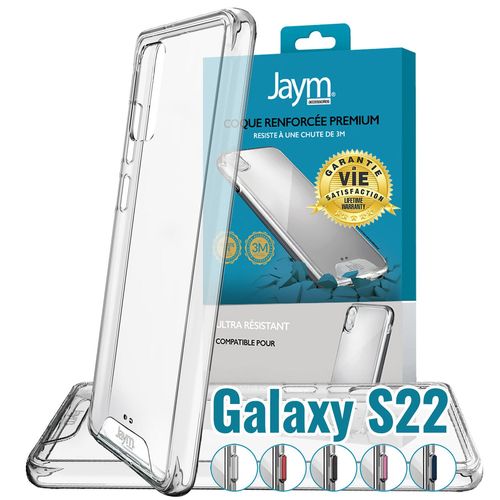 JAYM - Coque Ultra Renforcée Premium pour Samsung Galaxy S22 - Certifiée 3 Mètres de chute  Garantie à Vie - Transparente - 5 Jeux de Boutons de Couleurs Offerts