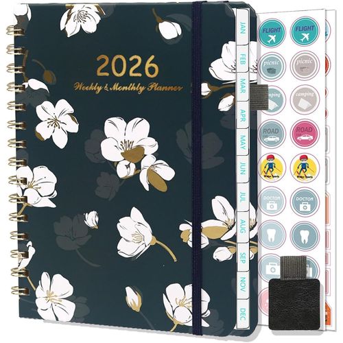 Teppc-Agenda 2026 Semainier Spirale, Jan- Déc 2026 (12 Mois) A5 Agenda Scolaire Avec Boucle De Stylo, Autocollants De Plan & Onglets Mensuels, Pochette -21 X 15 Cm (Blanc-Fleur)
