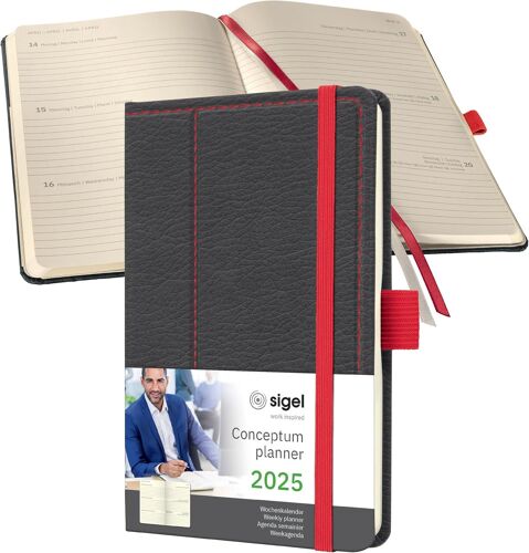 Sigel C2556 Agenda Semainier 2025, Motif Rétro, A6, Couverture Rigide, Gris, Rouge - Conceptum
