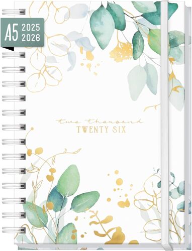 Agenda Semainier 2025 2026 A5 "Gold Leaf" Weekly Planner Spirale Pour 18 Mois (Jul 25 - Dec 26) Dans Les Langues : En/Fr/It/Es - Durable Et Respectueux Du Climat