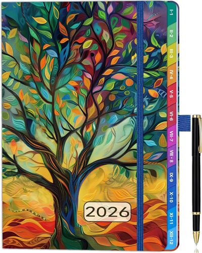 Jexnovashop-Agenda 2026 Semainier A5 Vertical (Janv.¿Déc.) ¿ Vue Semaine Sur 2 Pages, Onglets Colorés, Stylo, Pochette Arrière, 2 Marque-Pages ¿ Agenda Élégant Pour Étudiants, Bureau, Maison