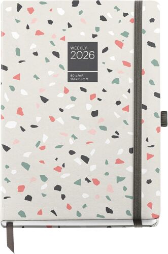 Agenda Semainier 2026 Format A5+ (155 X 213 Mm), Couverture Rigide En Carton, Spirale, Fermeture Élastique, Papier 80 G/M², Es-En-Pt, Terre