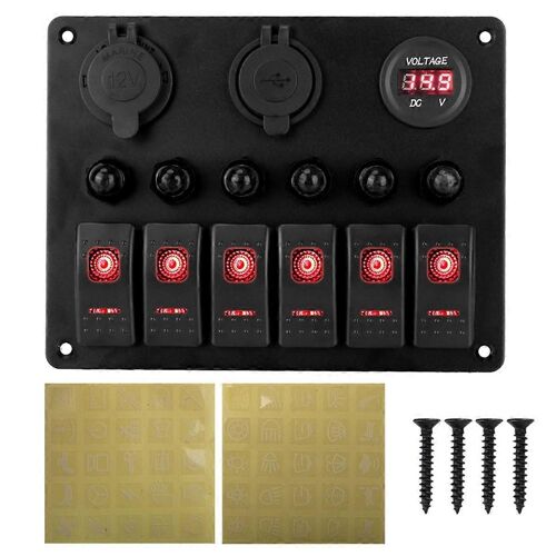 Panneau de commutation universel pour voiture, camping-car, 6 interrupteurs, 12/24 V, panneau à bascule, voltmètre, chargeur USB, testeur de disjoncteur, Li