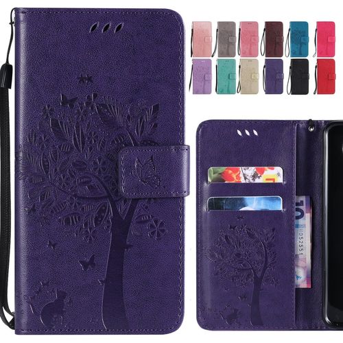 Teppc-Étui Pour Huawei Mate 20 Lite Housse, Portefeuille Etui Cuir Magnétique Protecteur Pochette Silicone Cover Coque Pour Huawei Mate 20 Lite Avec Fente Pour Carte, Chat Arbre (Pourpre)