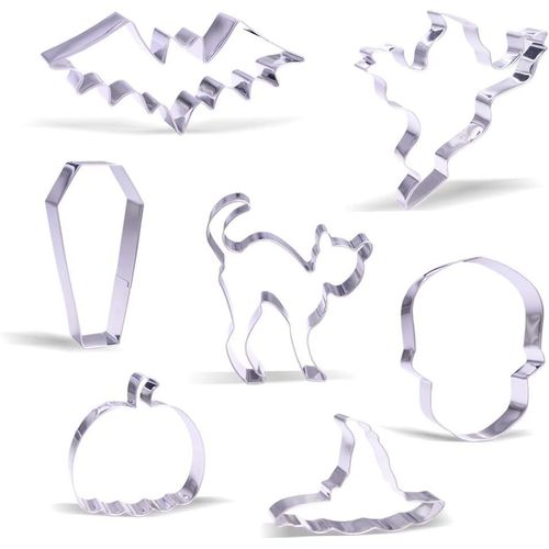 Trahoo-Grand Halloween Emporte-Pièce - 7 Piece - Fantôme, Chat Effrayé, Crâne, Chauve-Souris, Cercueil, Citrouille, Chapeau De Sorcière - Acier Inoxydable