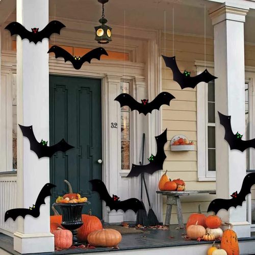 CAUC-Lot de 12 chauves-souris suspendues pour Halloween, chauve-souris noires effrayantes avec yeux lumineux pour Halloween, fête, décoration extérieure